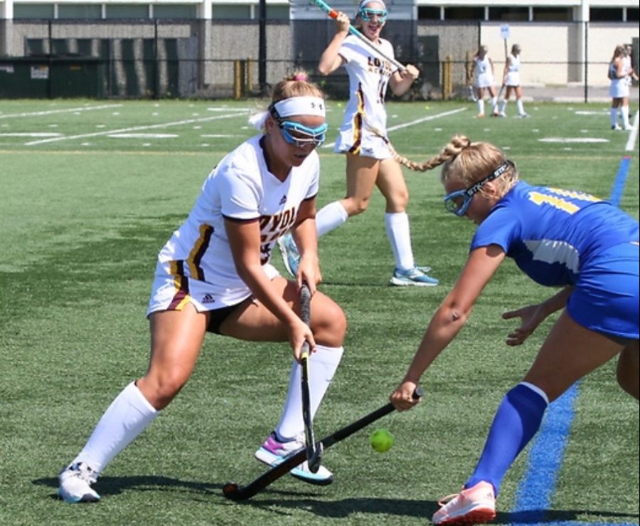 Senior Clare Lindstrom gets defensive against Lake Forest. The Ramblers were victorious in this game. 