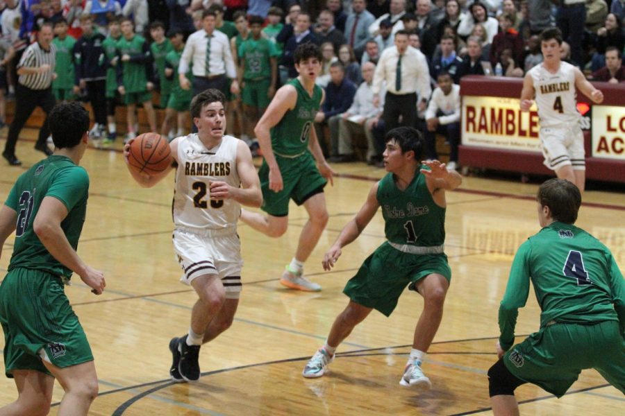 Senior Billy Palmer dribbles to the basket against Notre Dame 