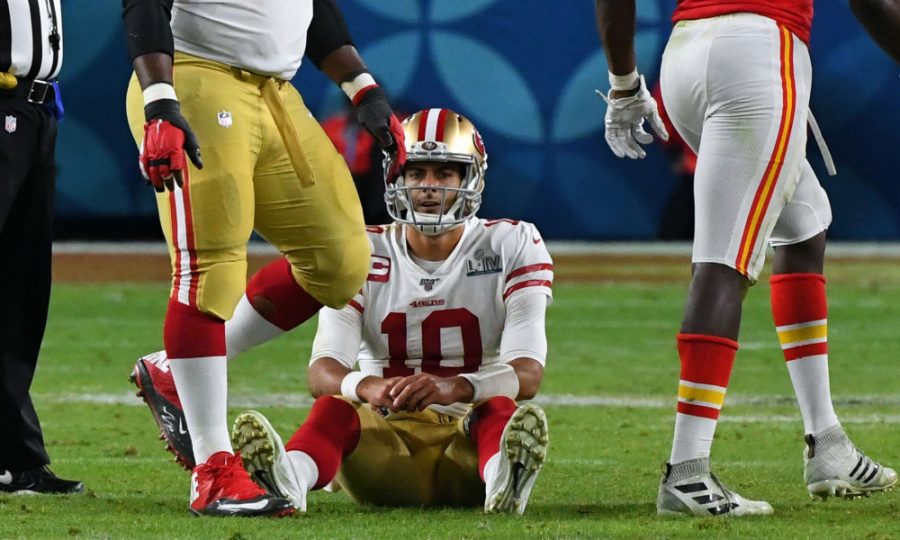 Feb 2, 2020; Miami Gardens, Florida, USA; San Francisco 49ers quarterback Jimmy Garoppolo (10) reacts after a sack in the fourth quarter against the Kansas City Chiefs in Super Bowl LIV at Hard Rock Stadium.