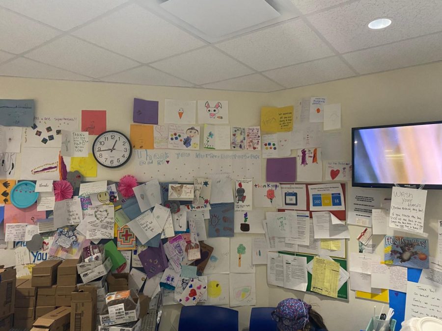 Cards full of positivity and gratitude cover the walls of the break room at Lutheran General Hospital and motivate the nurses and doctors each day.