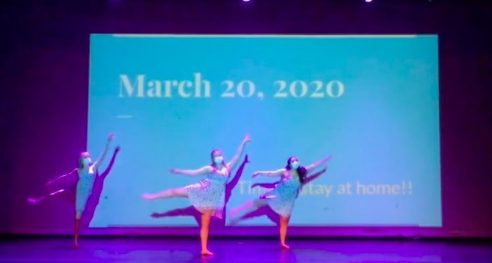 “Dancing in masks was definitely a new experience for me,” says Audrey Cornue (far left). “I wasn’t expecting there to be dance because of COVID, but when I found out there still was, I was really excited. It was interesting, to say the least, but in the end it was fun, and a great way to be welcomed to Loyola.” 