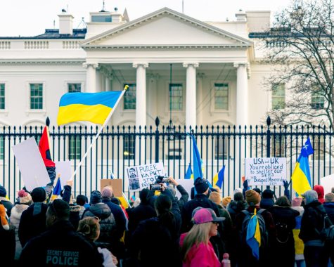 Protestors gather outside the White House to protest Russia’s invasion of Ukraine.