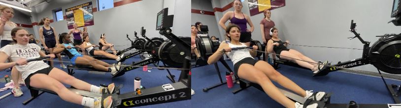 The women hit the erg machines as part of the daily practice routine. 