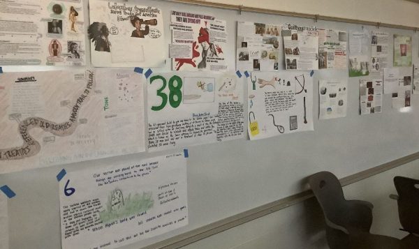 Recent projects about Native American experiences line the walls in Room 155. This newest class offers seniors insight into Native American literature, history, and culture. 