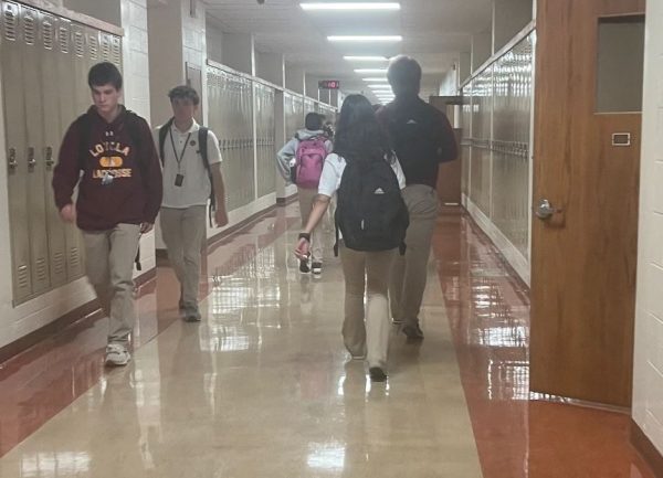 Loyola Academy students heading to class on Friday in their Loyola branded hoodies. 
