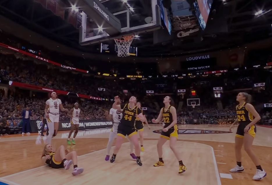 Kamila Cardoso (10) gets the rebound and swishes yet another “off the rebound” basket at the NCAA national championship game against the Iowa Hawkeyes on April 7, 2024. 
